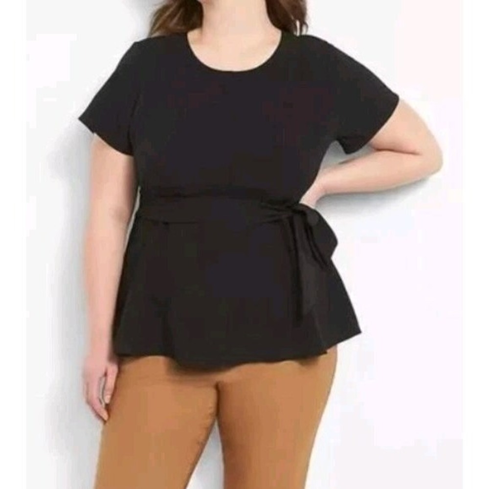 Lane Bryant Peplum Top Women 24 Black Short Sleeve Tie Waist Zipper Back NWT